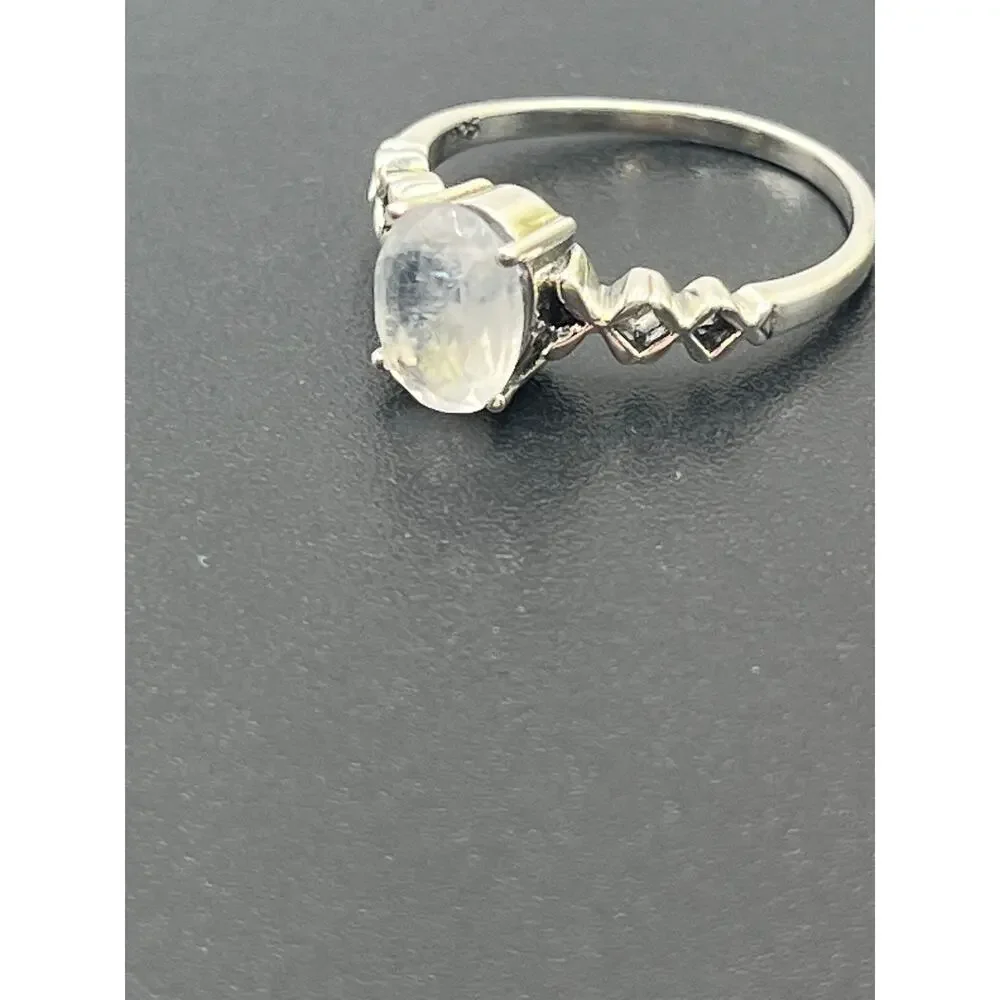 Rainbow Moonstone Oval Prong Set Side‎ Twist Detail Sterling Silver  Ring Sz 6.5